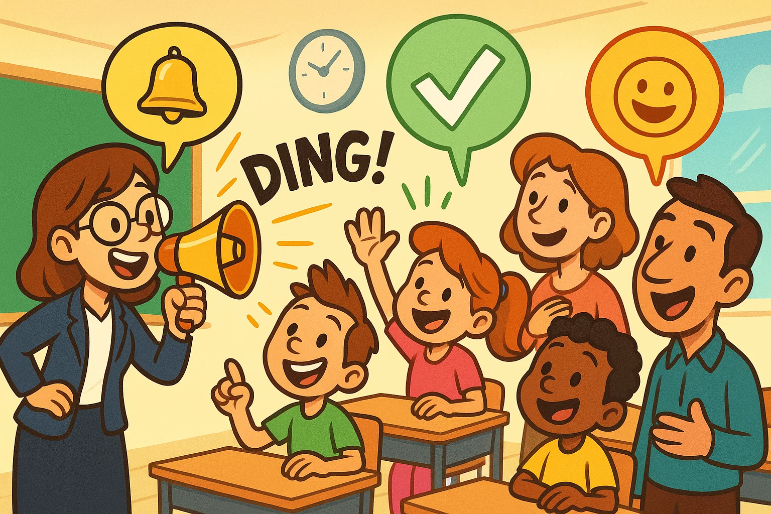 Cartoon showing communication safety rules with speech bubbles in a school setting.