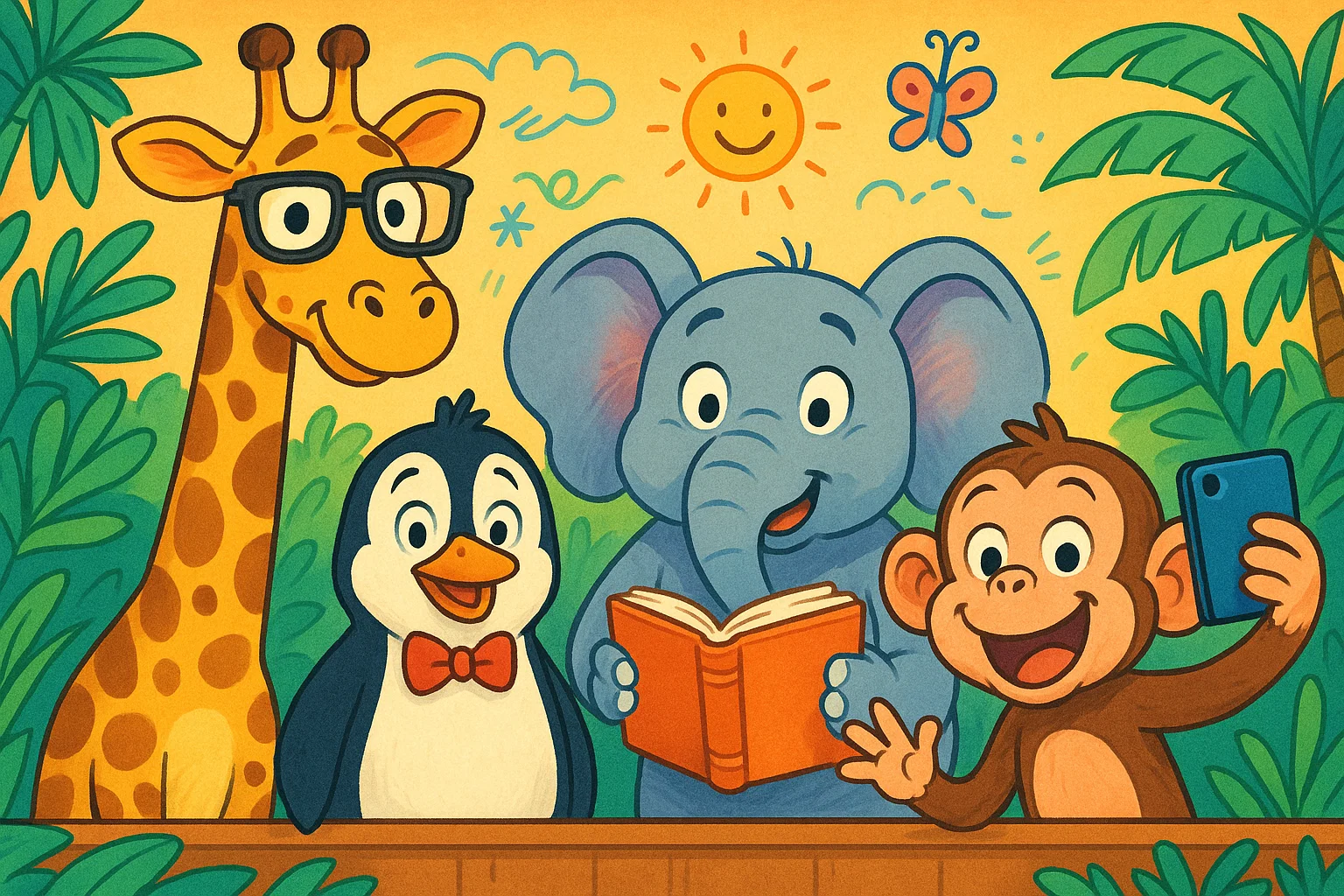 Cartoon zoo scene showing cool animal facts for 8 year olds with funny characters.
