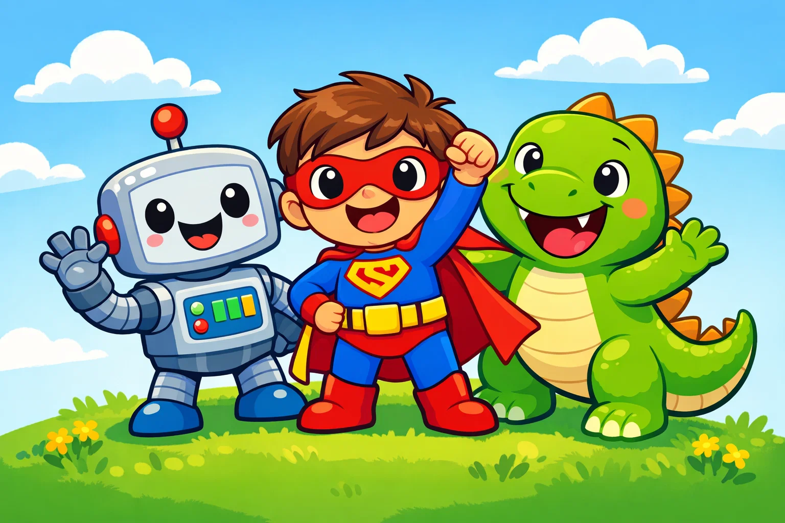  Fun cartoon characters including a robot, superhero, and dinosaur in playful poses.
