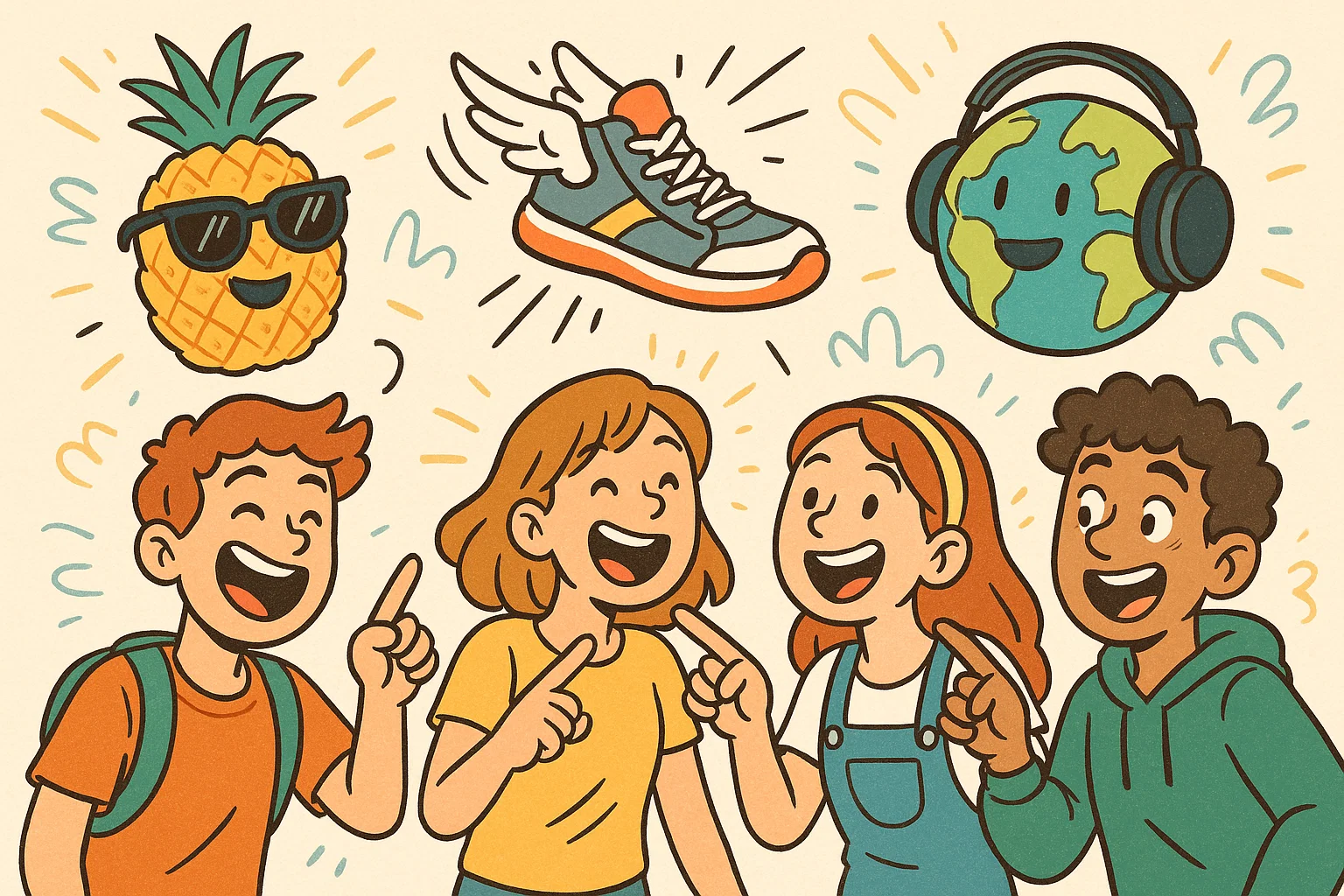 Playful cartoon teens laughing while reading cool random fun facts together.