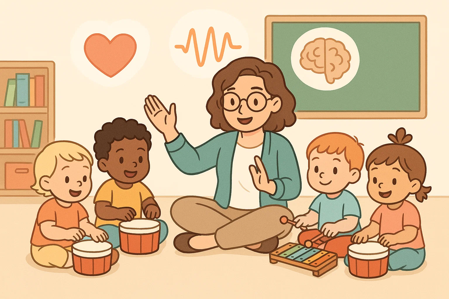 Toddlers learn rhythm and coordination with therapist using core music therapy principles.