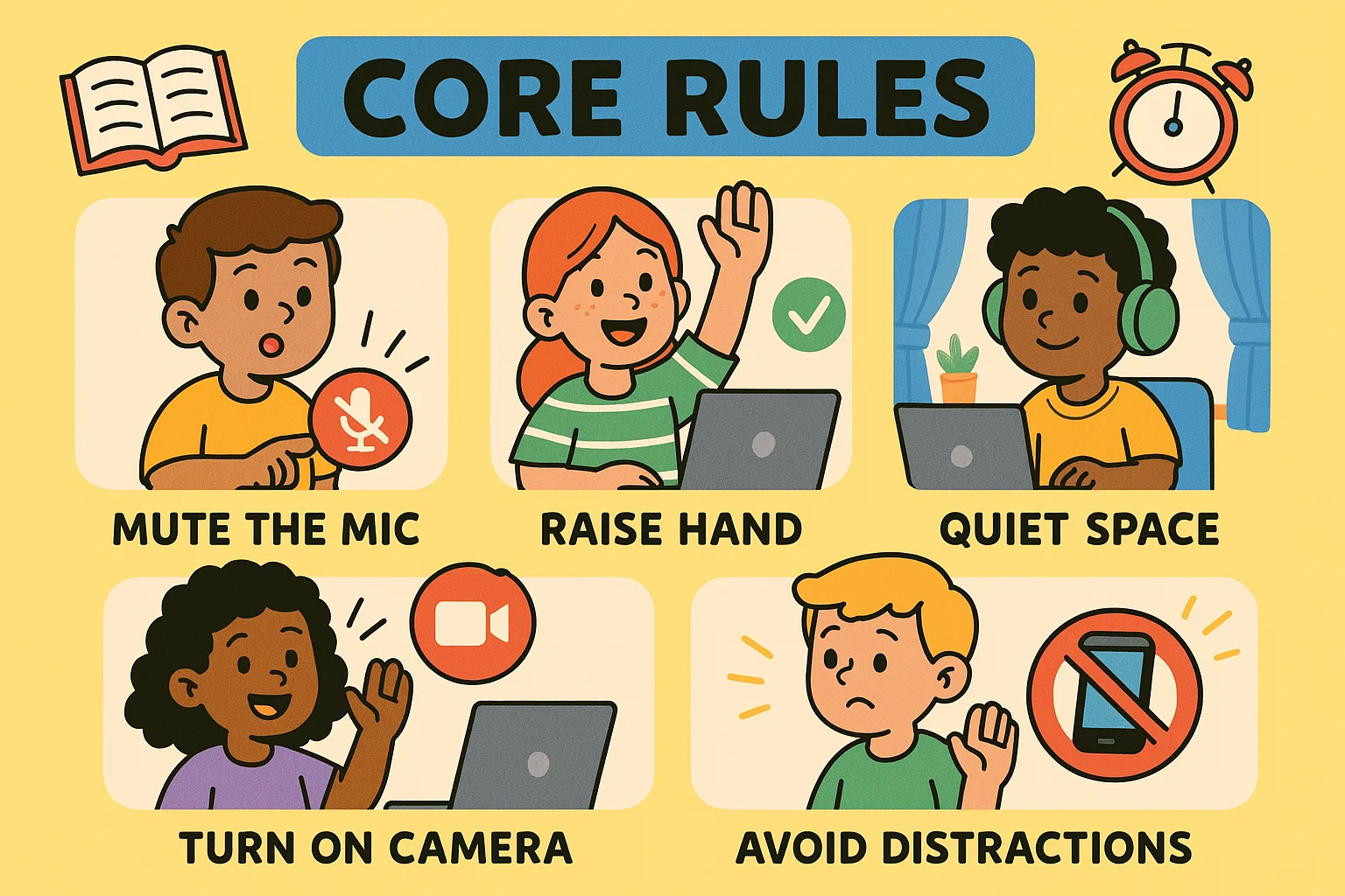 Infographic of core rules online classroom behavior with students following key virtual class guidelines.