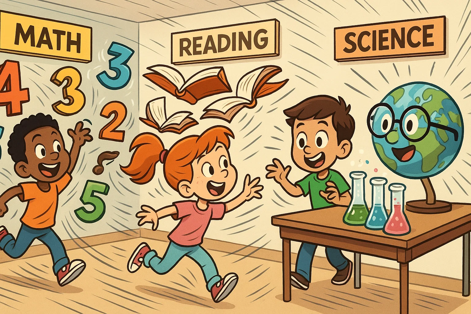 Colorful core subjects second grade cartoon with kids rotating between playful learning stations.