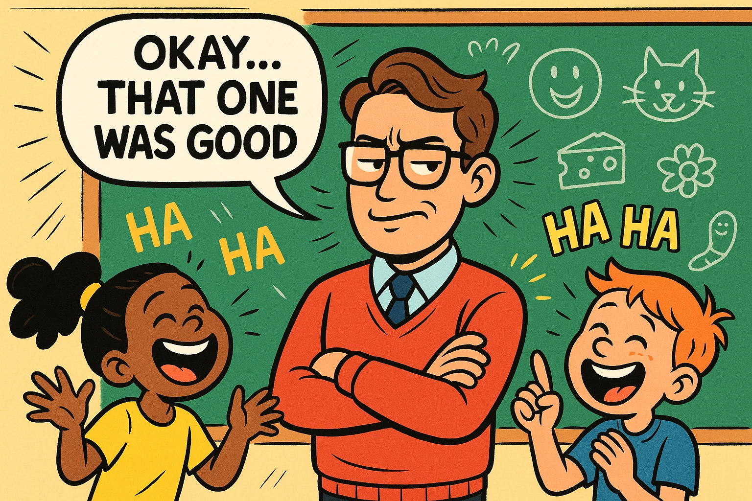 Cartoon teacher smiling at corny classroom jokes told by cheerful students.
