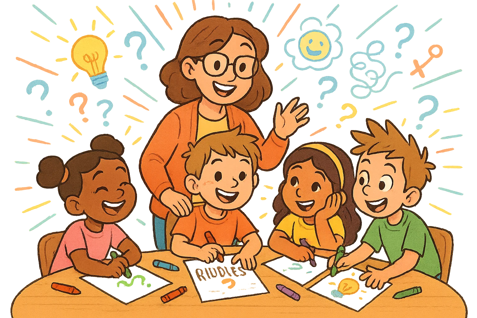 Kids and teacher making their own riddles with drawings at a classroom table.