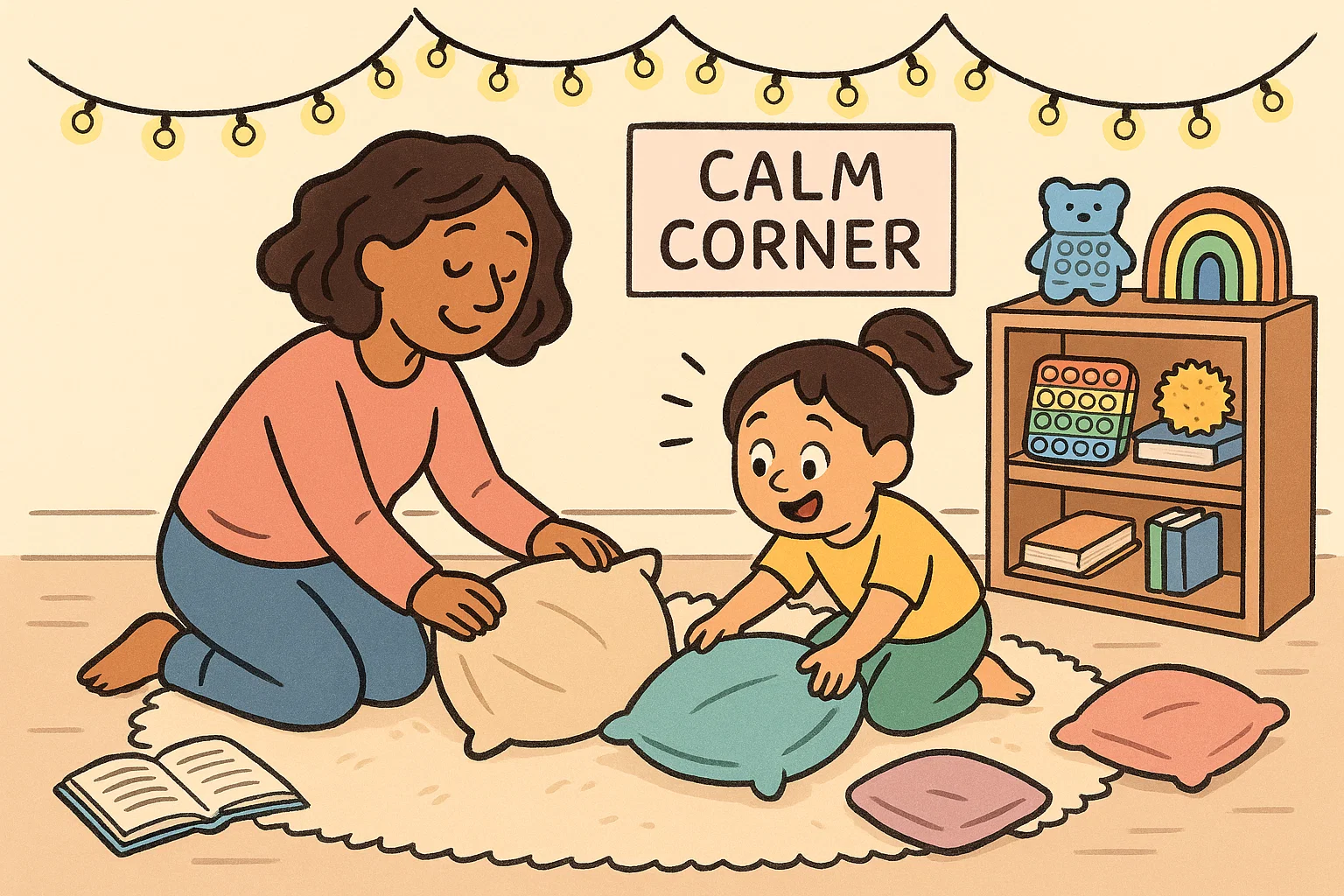 Cartoon of parent and child creating a calm corner at home with soft lights and cushions.