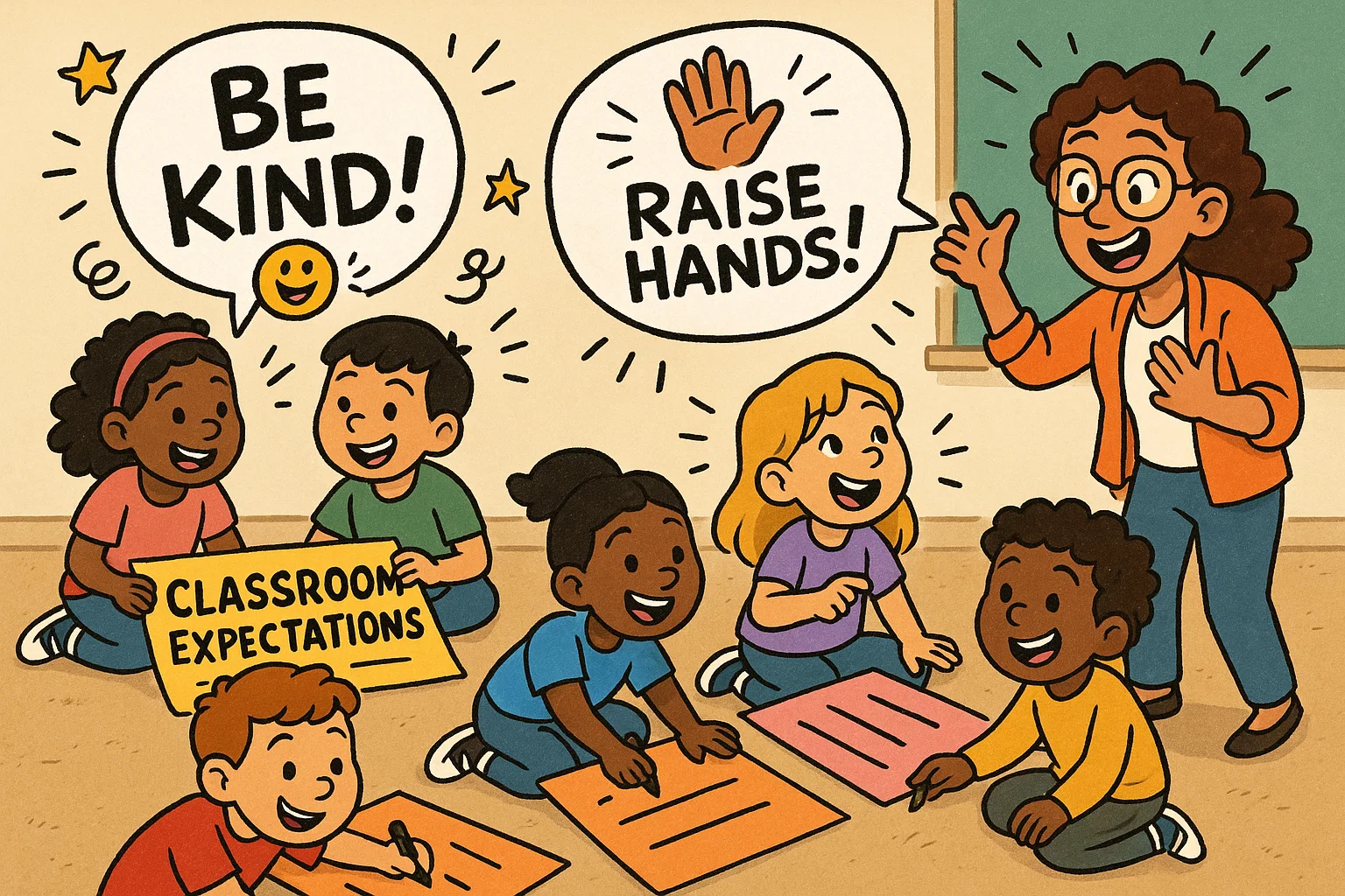 Teacher and kids creating classroom expectations with students in a lively cartoon setting.