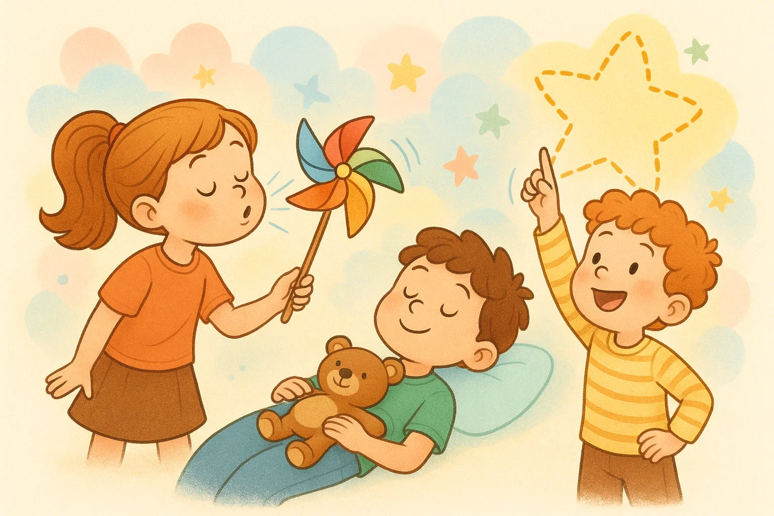 Kids using props and imagination for creative calming breathing practice.