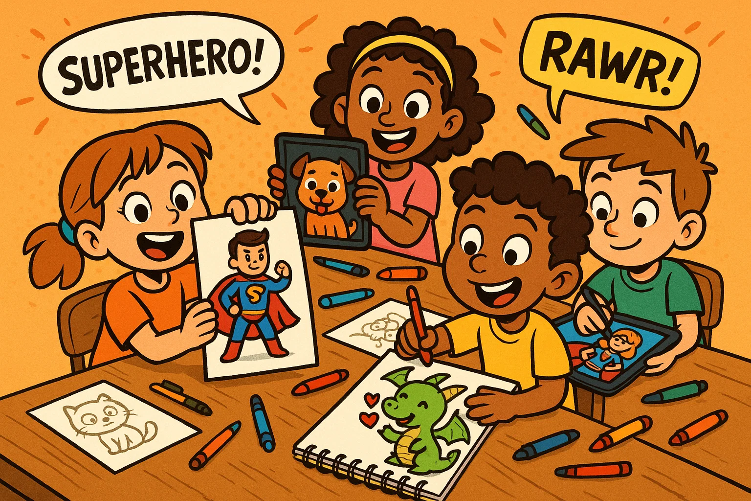 Grade 5 students drawing fantasy characters and superheroes with bright colors.