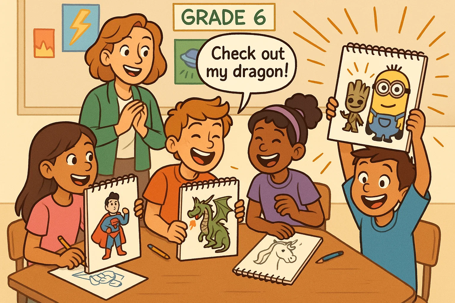 Grade 6 students draw pop culture characters in creative art class.