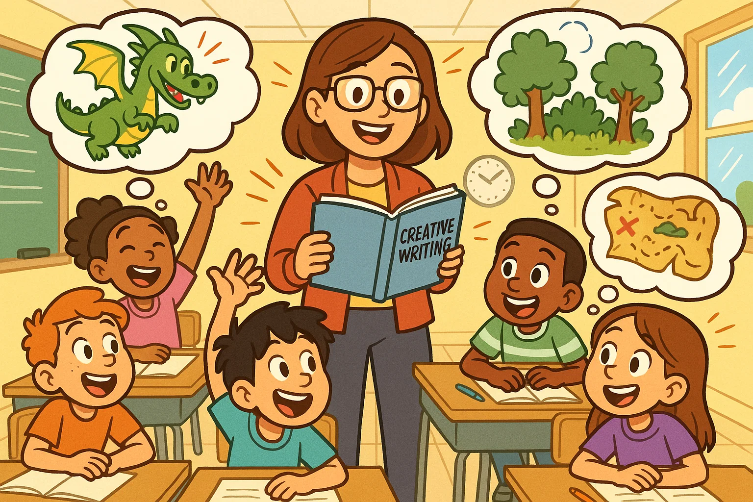 Creative writing topics grade 5 cartoon with students imagining story ideas in class.