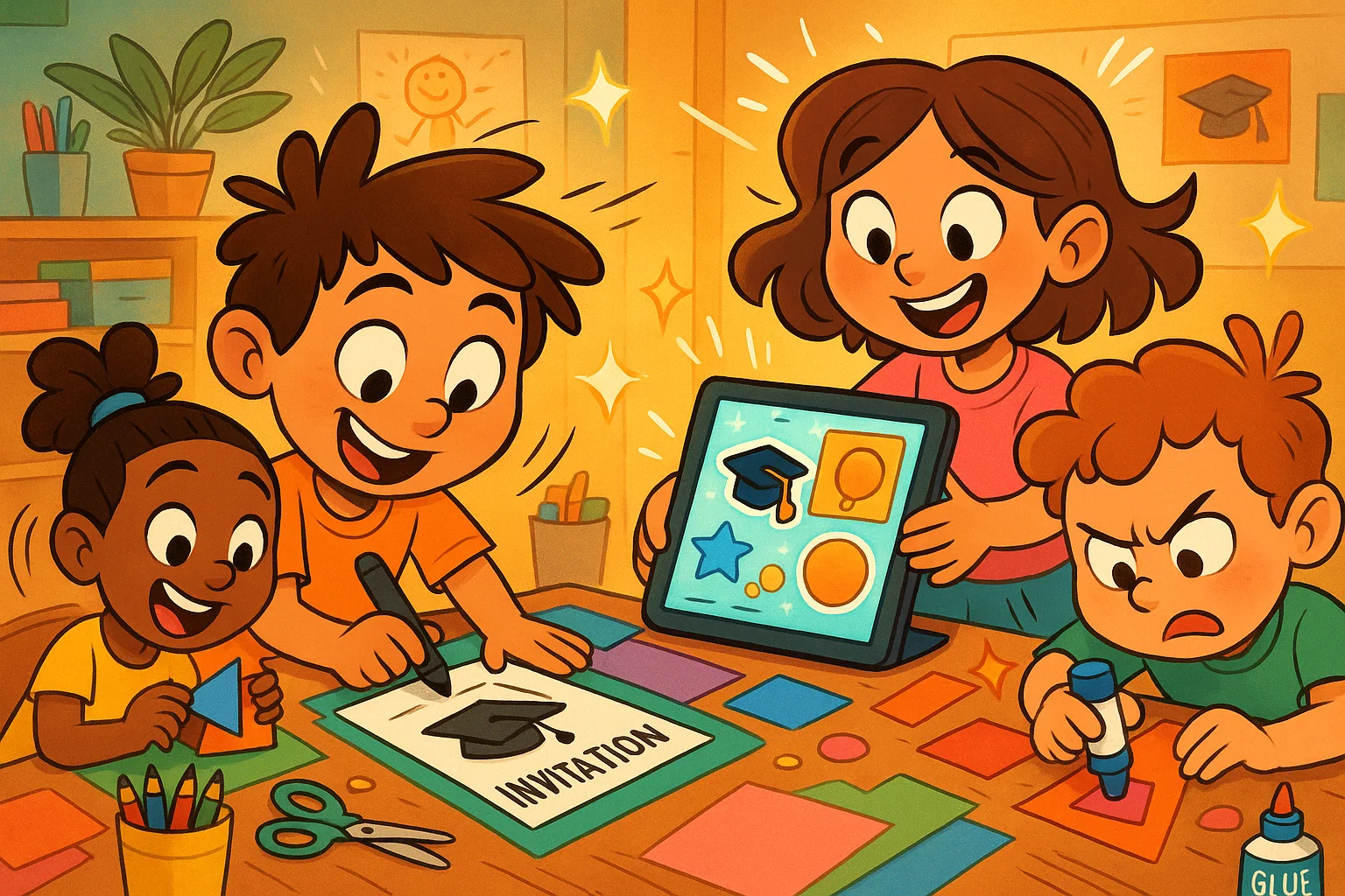 Kids creating custom kindergarten graduation invitation ideas using crafts and tablets.