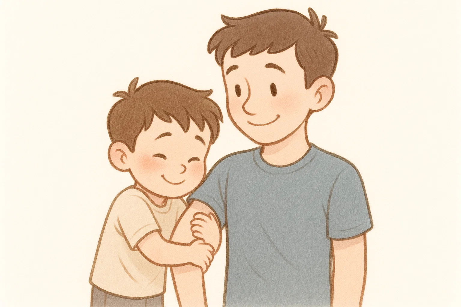 Cute brothers hugging and smiling showing gentle brother love and affection.