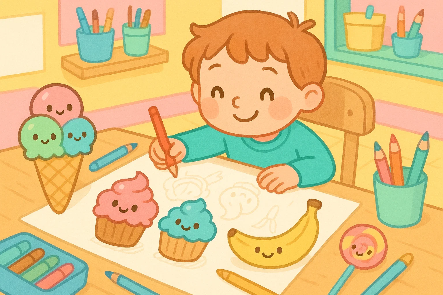 Child creating cute food and object drawing ideas with bright colors and smiles.