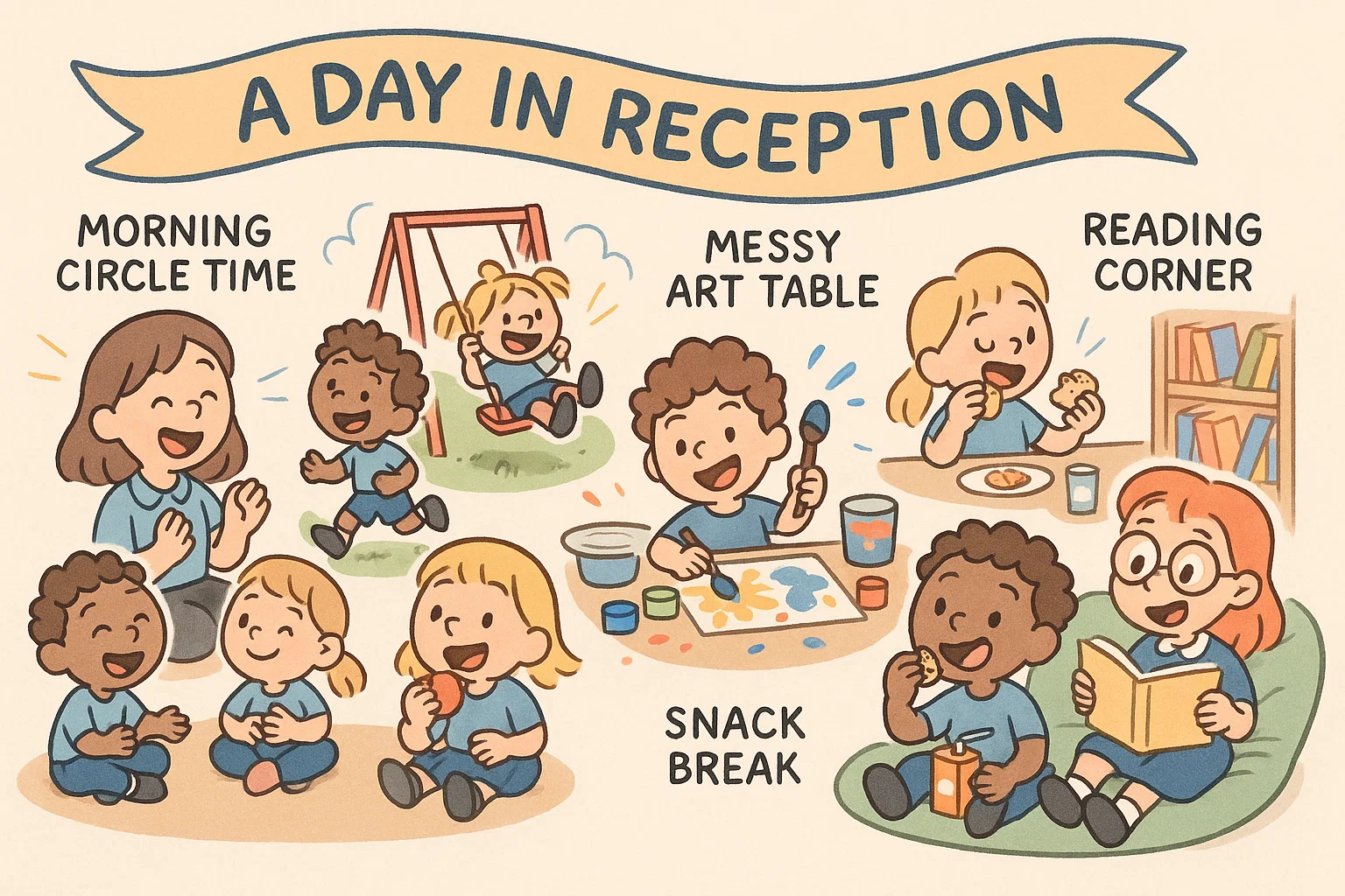 Daily activities in reception class showing circle time, art, reading and play.