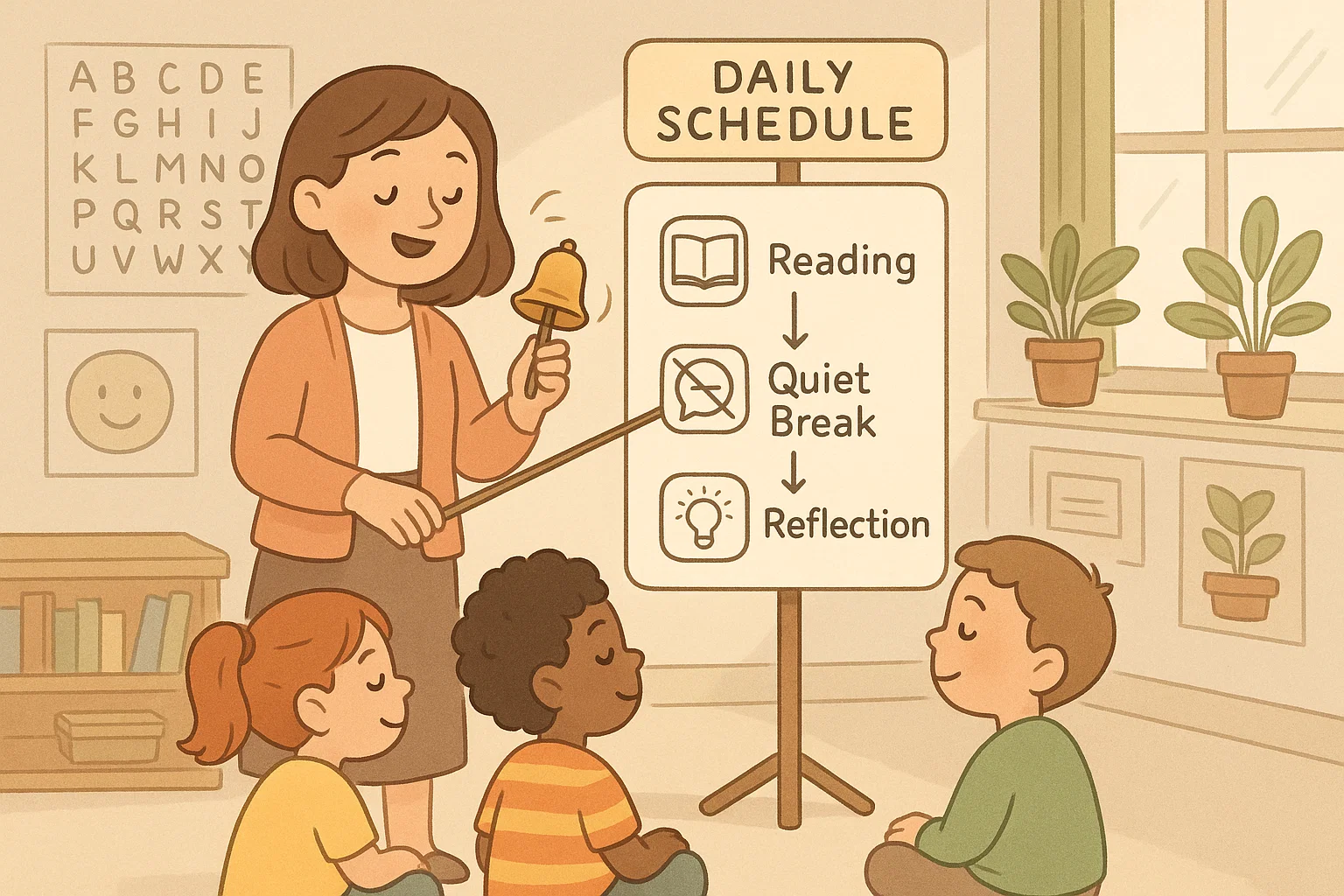 Cartoon teacher showing calm daily classroom routine to focused students.