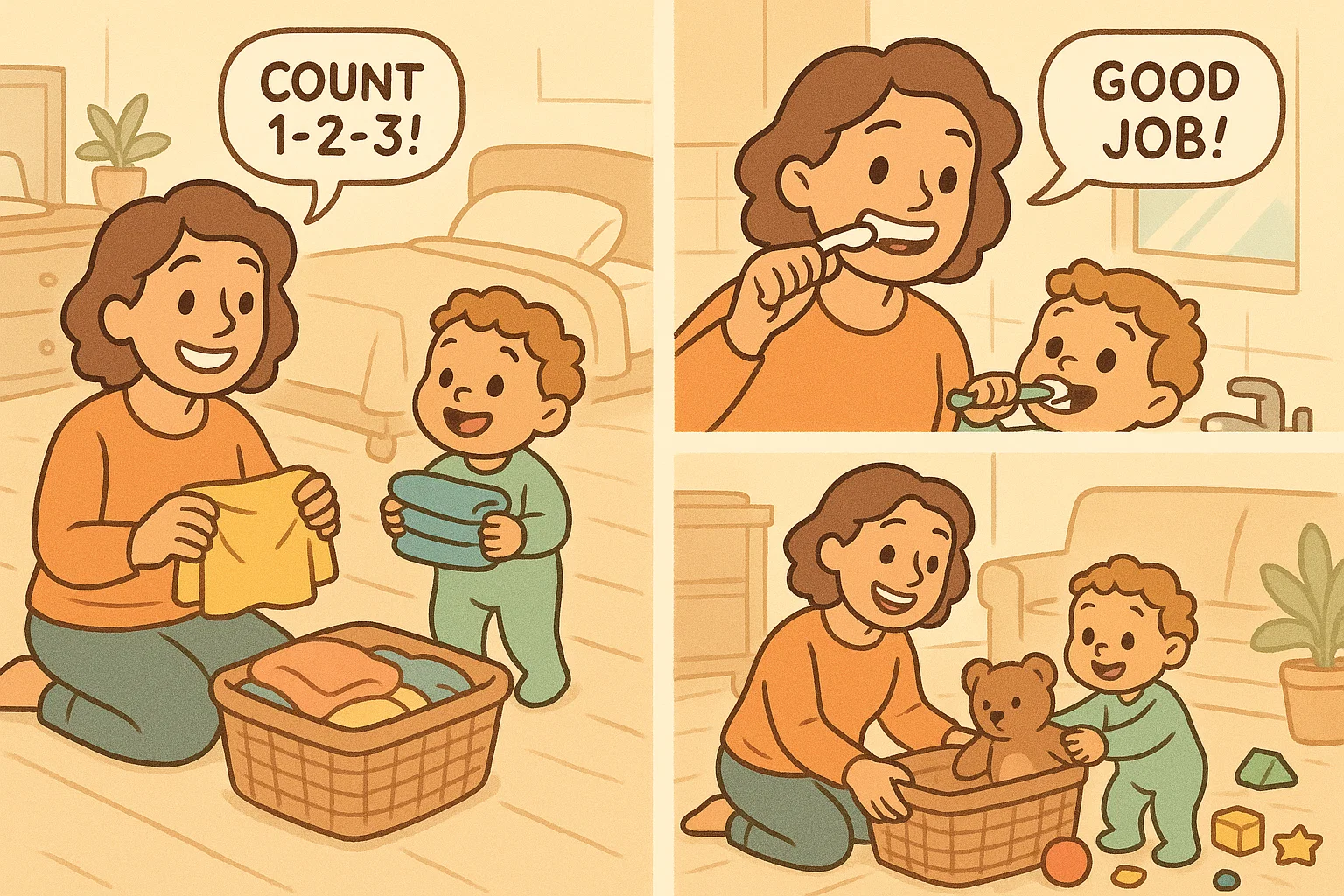 Toddler learning through daily routines like cleaning and counting with parent.
