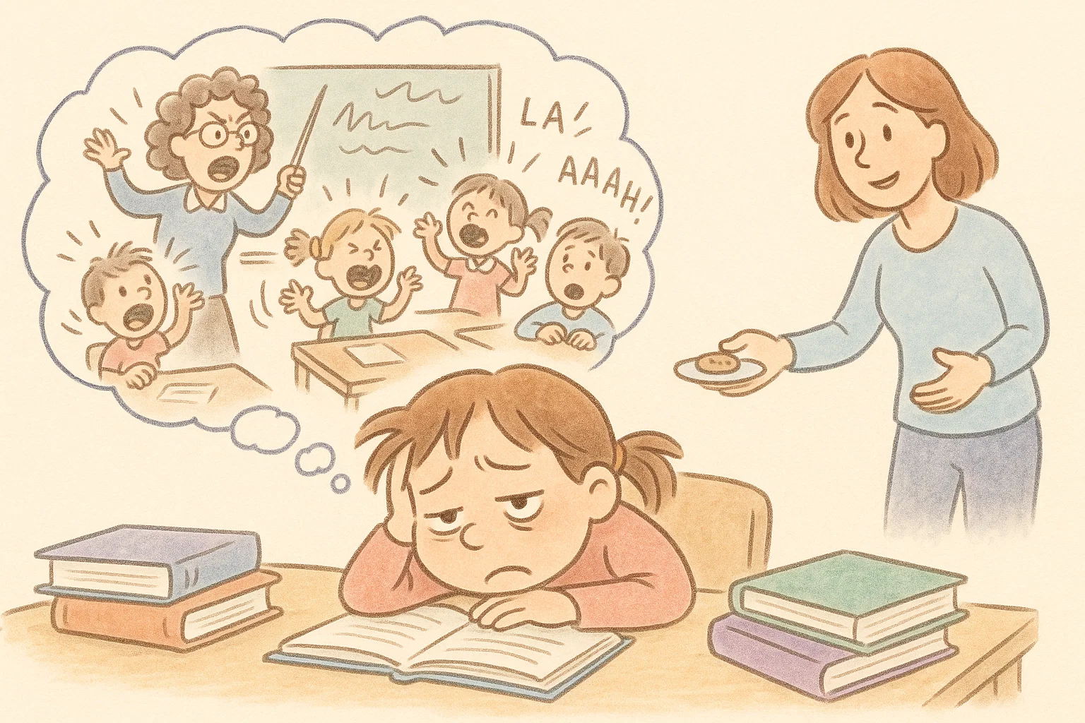 Tired child decompressing after school with parent offering comfort and calm.