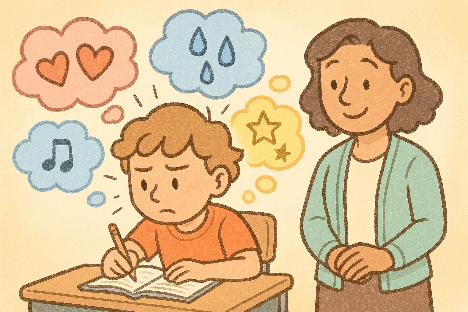 Fifth grader writing descriptive story and expressing emotions creatively