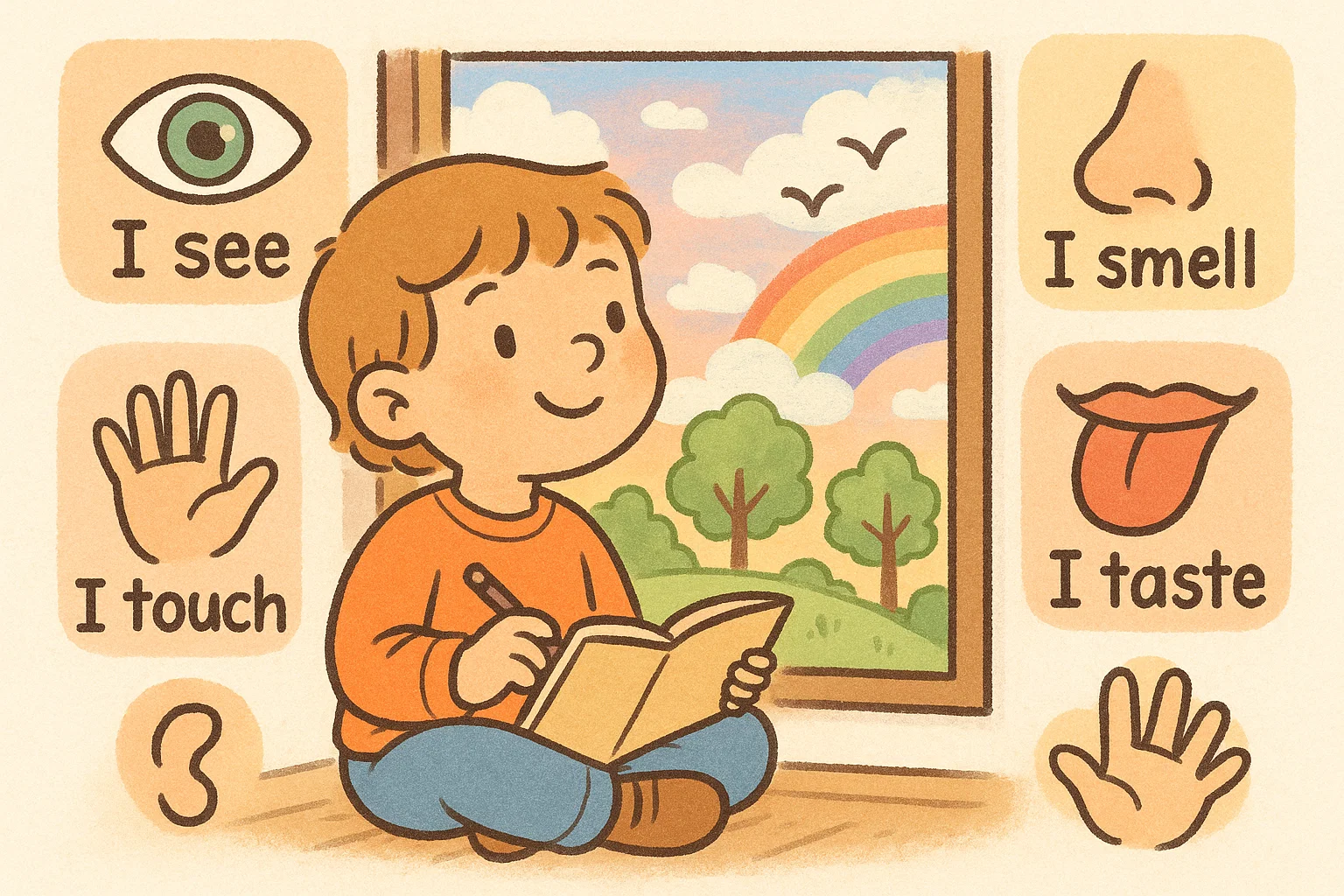 Descriptive writing prompts for 1st graders showing child using five senses.
