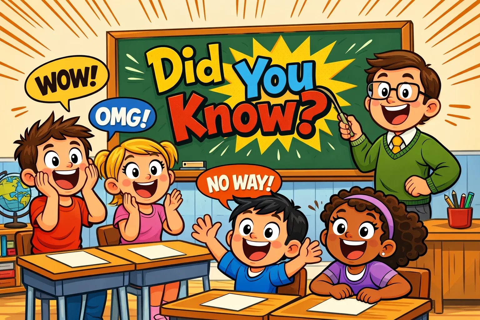 Did you know fun facts classroom with excited students and teacher at board.