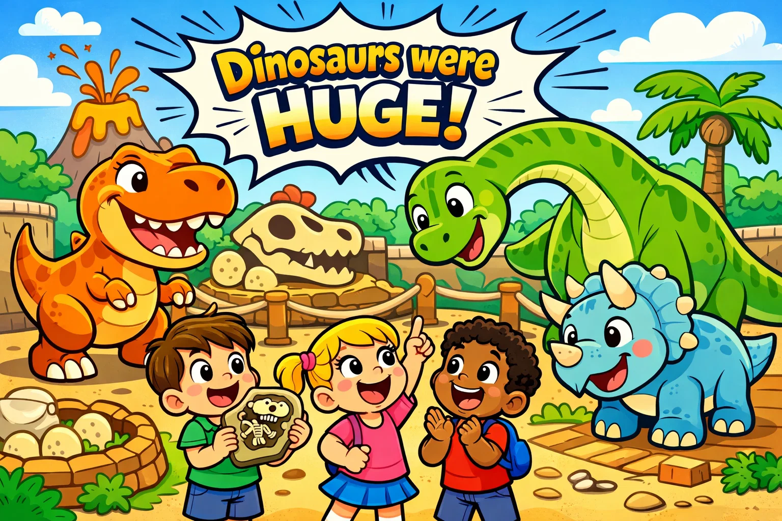 Preschoolers learning dinosaur fun facts with friendly T. rex and triceratops in a playful setting.
