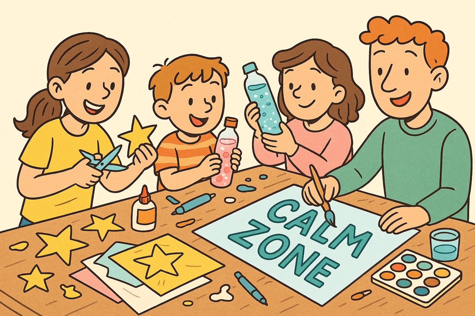 Cartoon of family doing DIY calm corner projects with crafts and decorations.