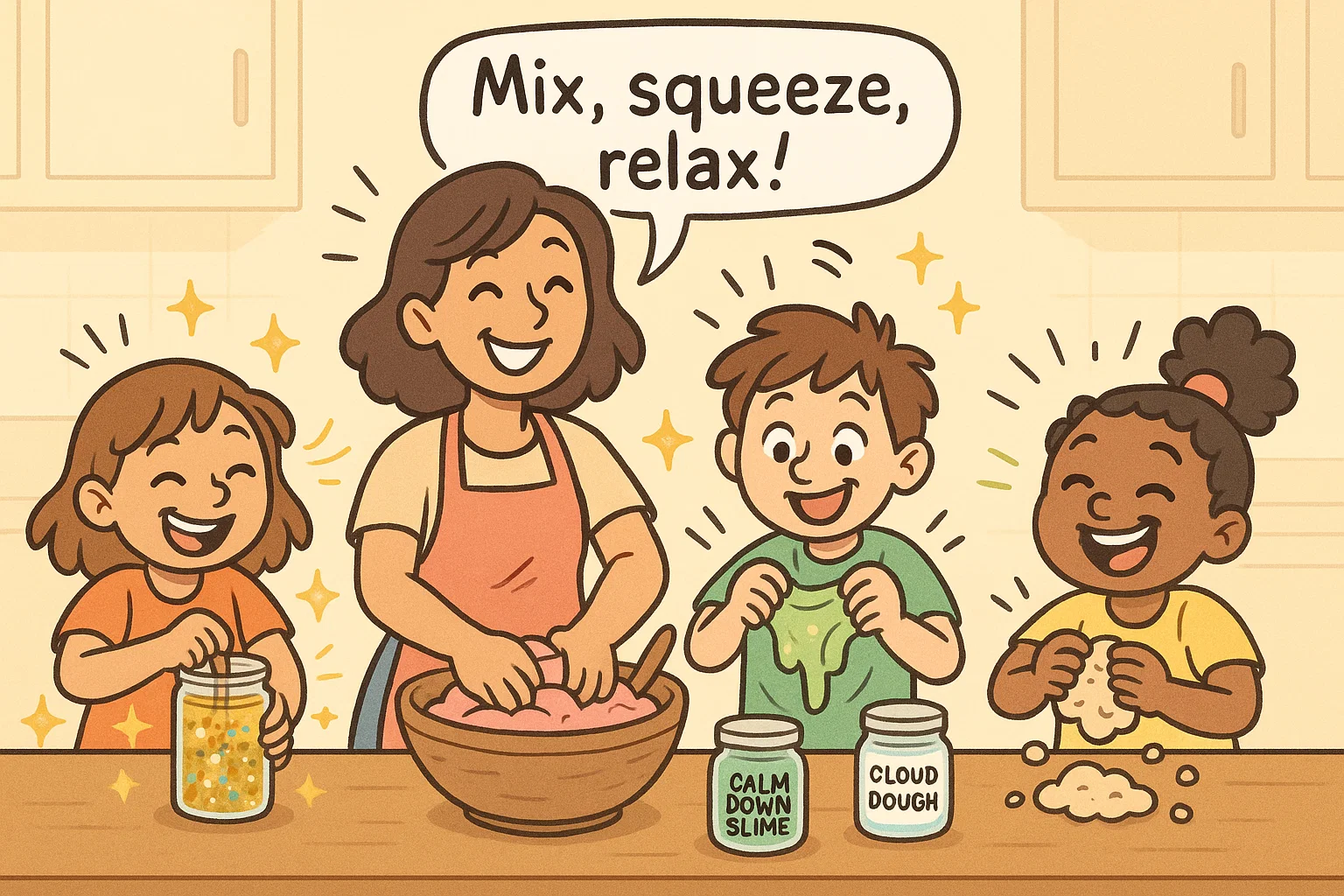 Kids and parent creating calming DIY sensory materials like slime and glitter jars.