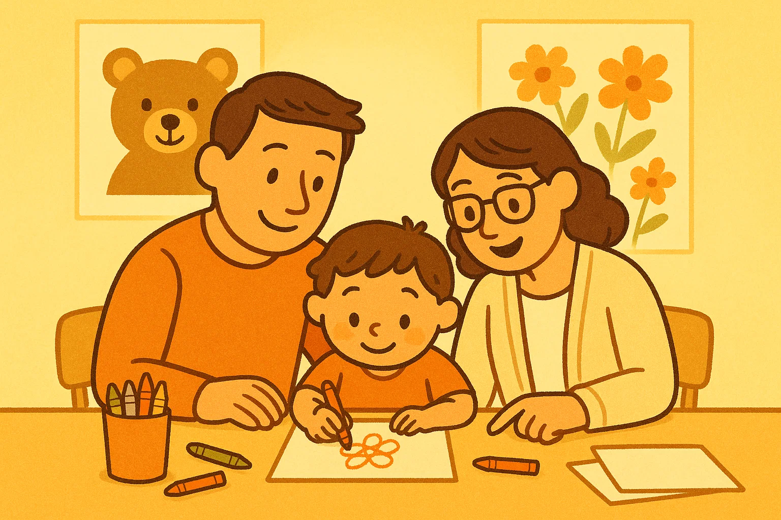 Parents and teachers giving drawing tips to child during creative art session.