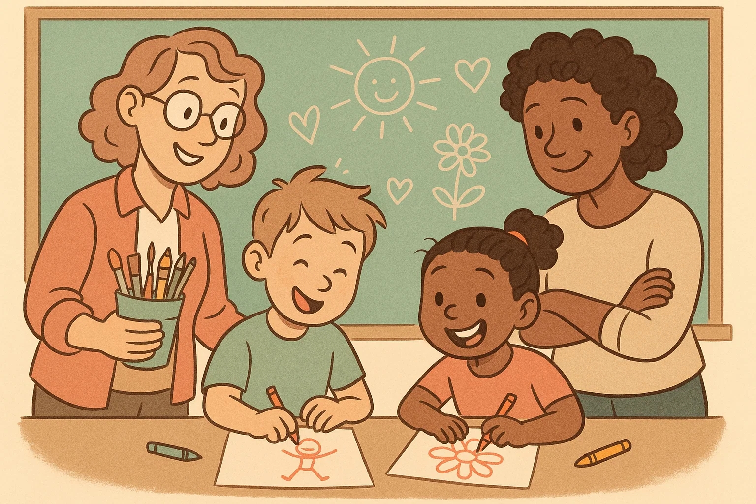 Teacher and parent helping kids during creative drawing lesson at school.
