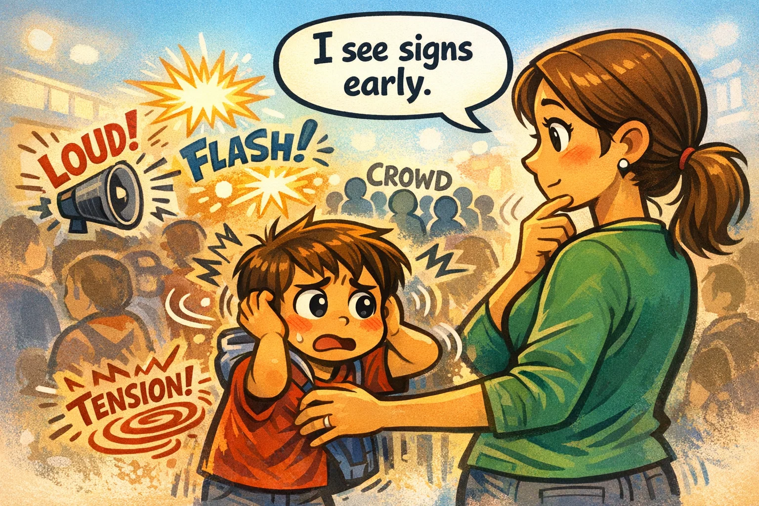 Early signs of sensory overload in kids, including fidgeting and stress signals in public.
