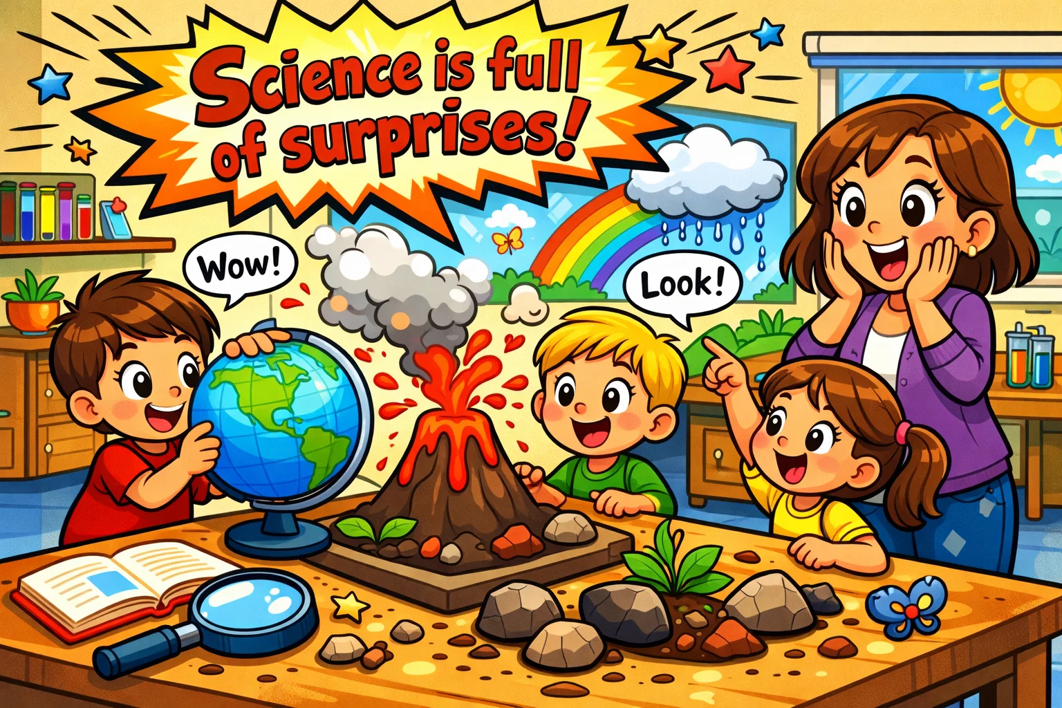 Preschoolers discover Earth and science fun facts with volcanoes, clouds, and plants in a classroom.
