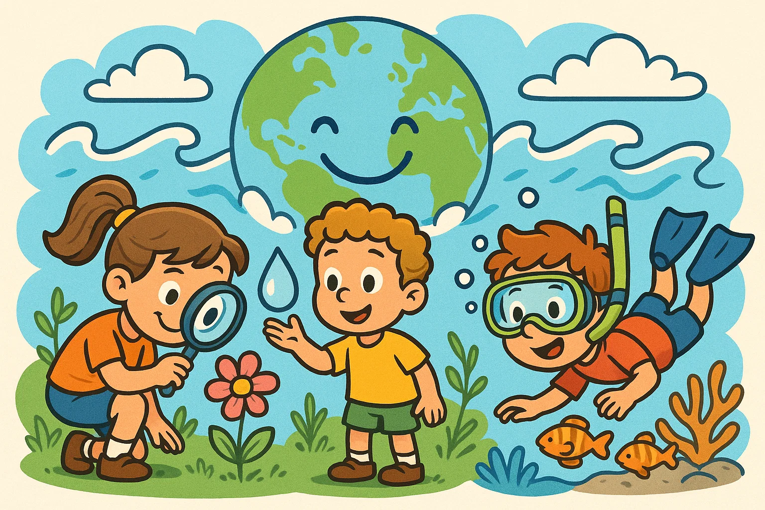 Cartoon of kids exploring earth and water facts for young scientists outdoors.
