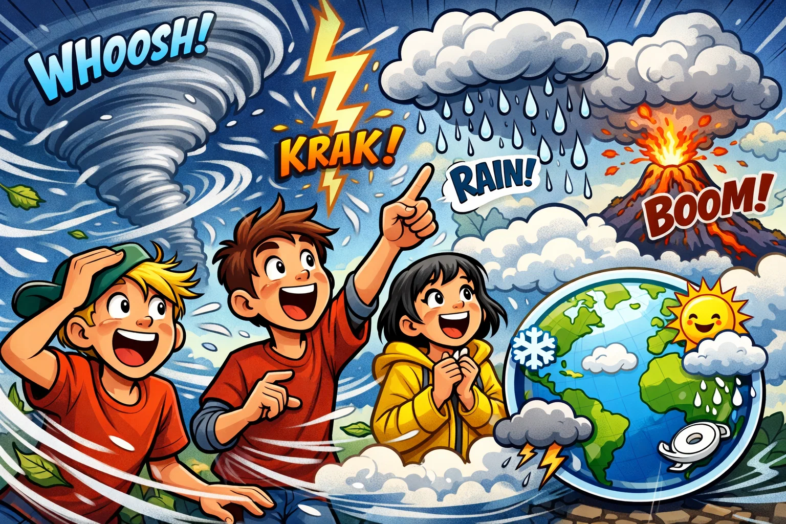 Teenagers reacting to Earth and weather facts with dramatic weather events in a playful cartoon style.
