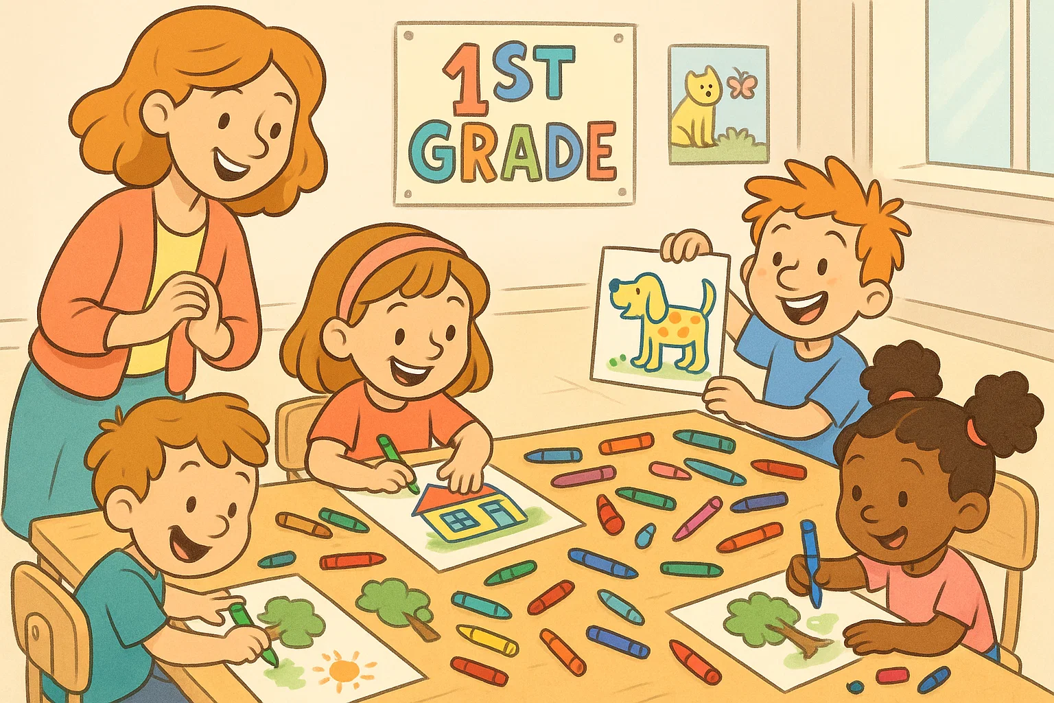 Children drawing in classroom during fun grade 1 art lesson with teacher support.