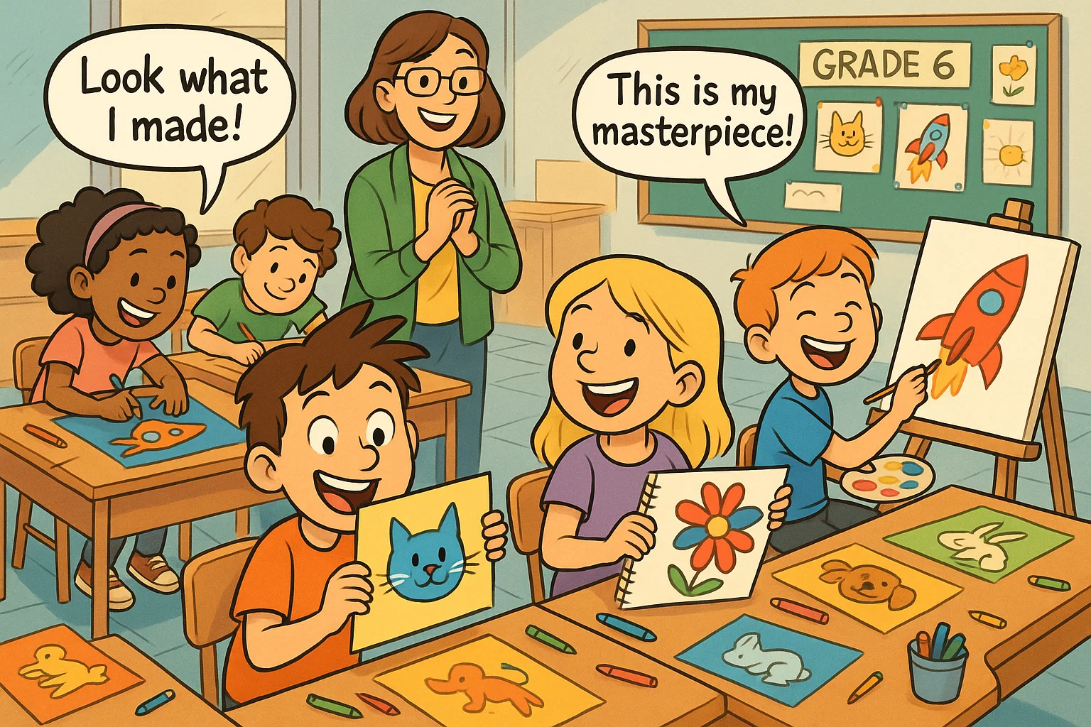 Grade 6 students draw and paint during a fun classroom art lesson.