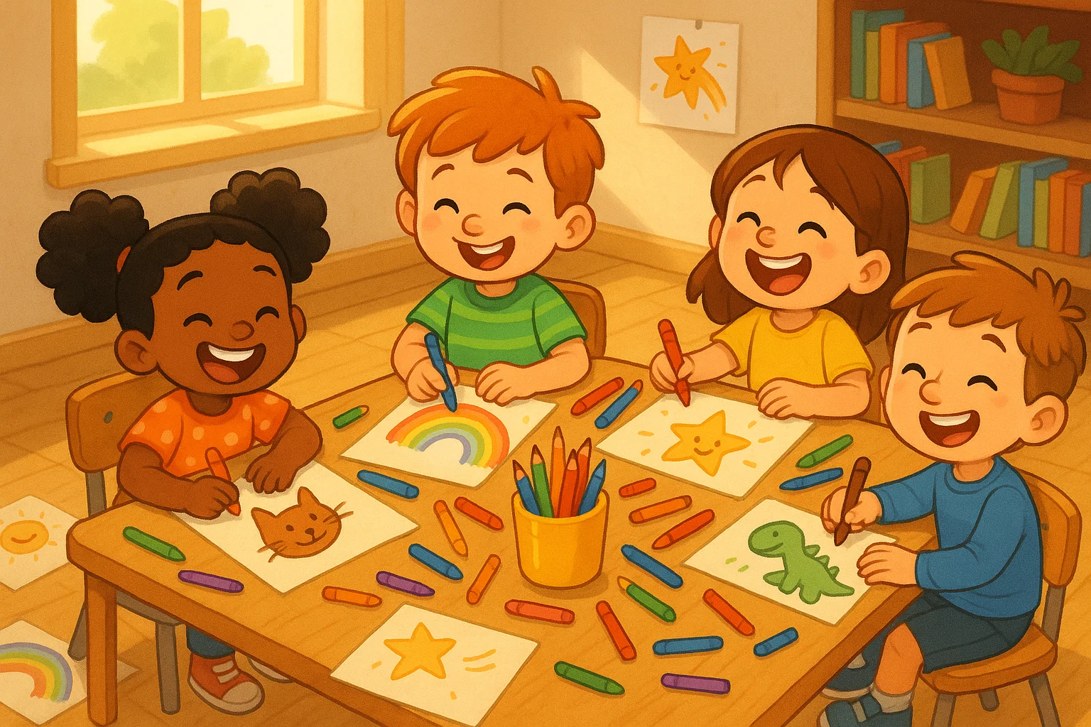 Cheerful kids drawing easy art ideas with crayons and paper in a creative classroom.