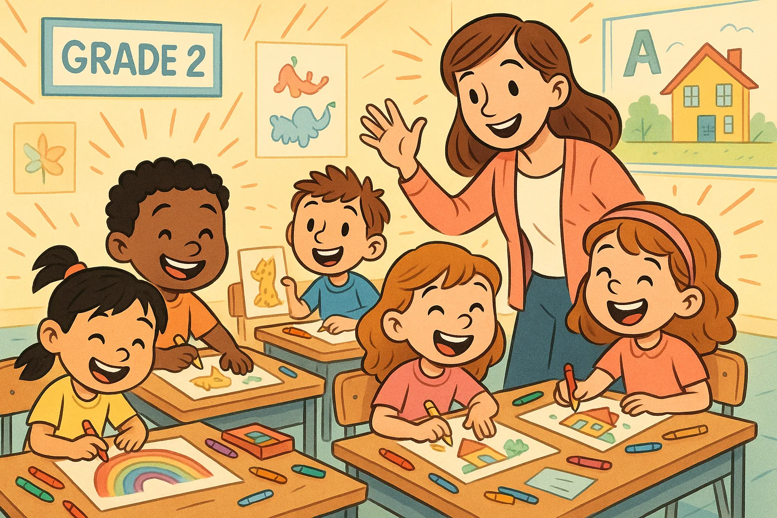 Grade 2 students drawing colorful pictures with teacher guidance in classroom.