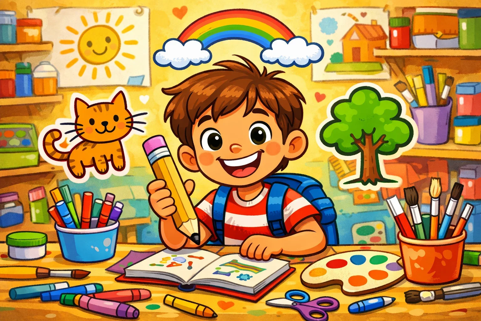 Third grader drawing easy designs like a cat, tree, and rainbow in art class.