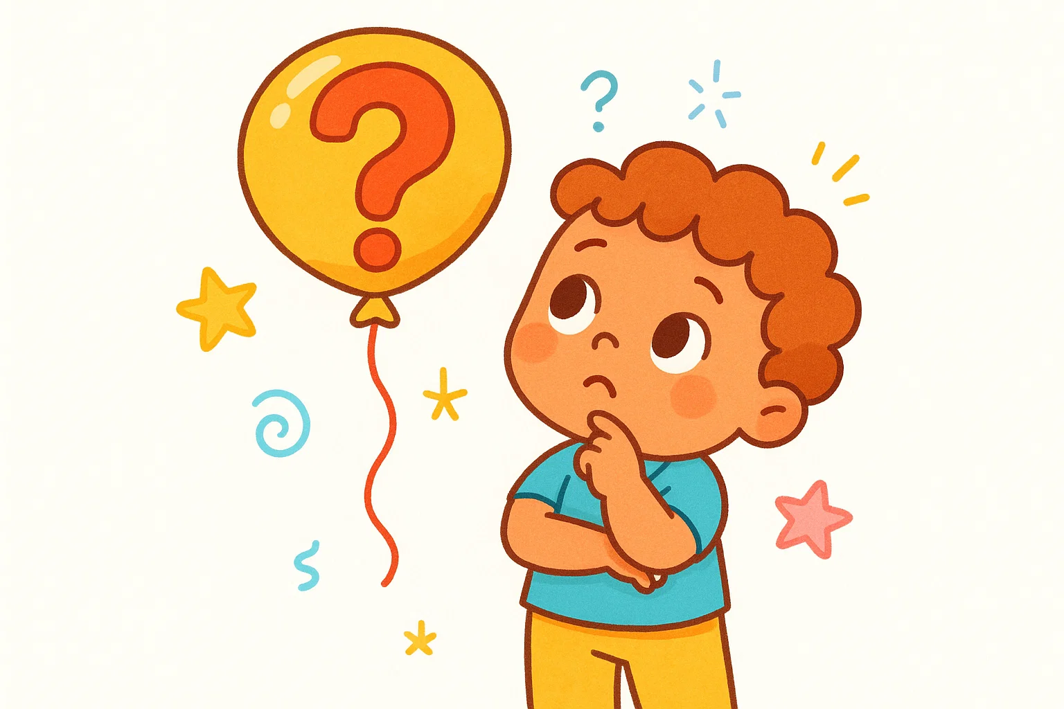 Child guessing easy riddles for 4 year olds with a big question mark balloon.