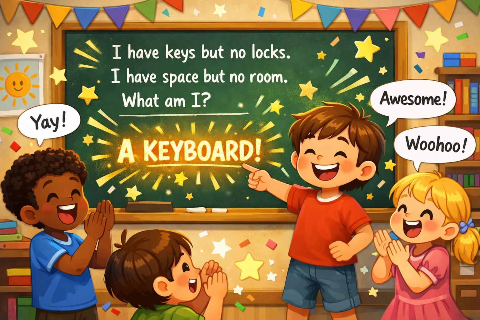 Cartoon illustration of kids solving easy riddles to build confidence, with positive and bright classroom vibes.
