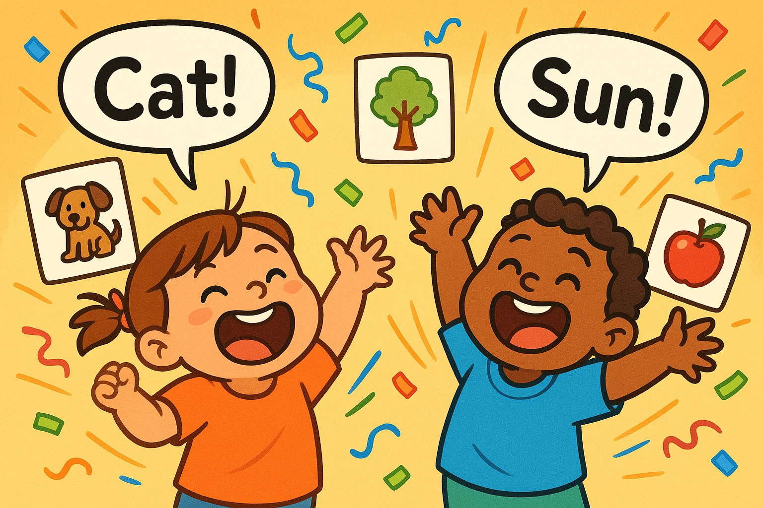 Happy toddlers shouting one word answers like cat and sun from picture flashcards.