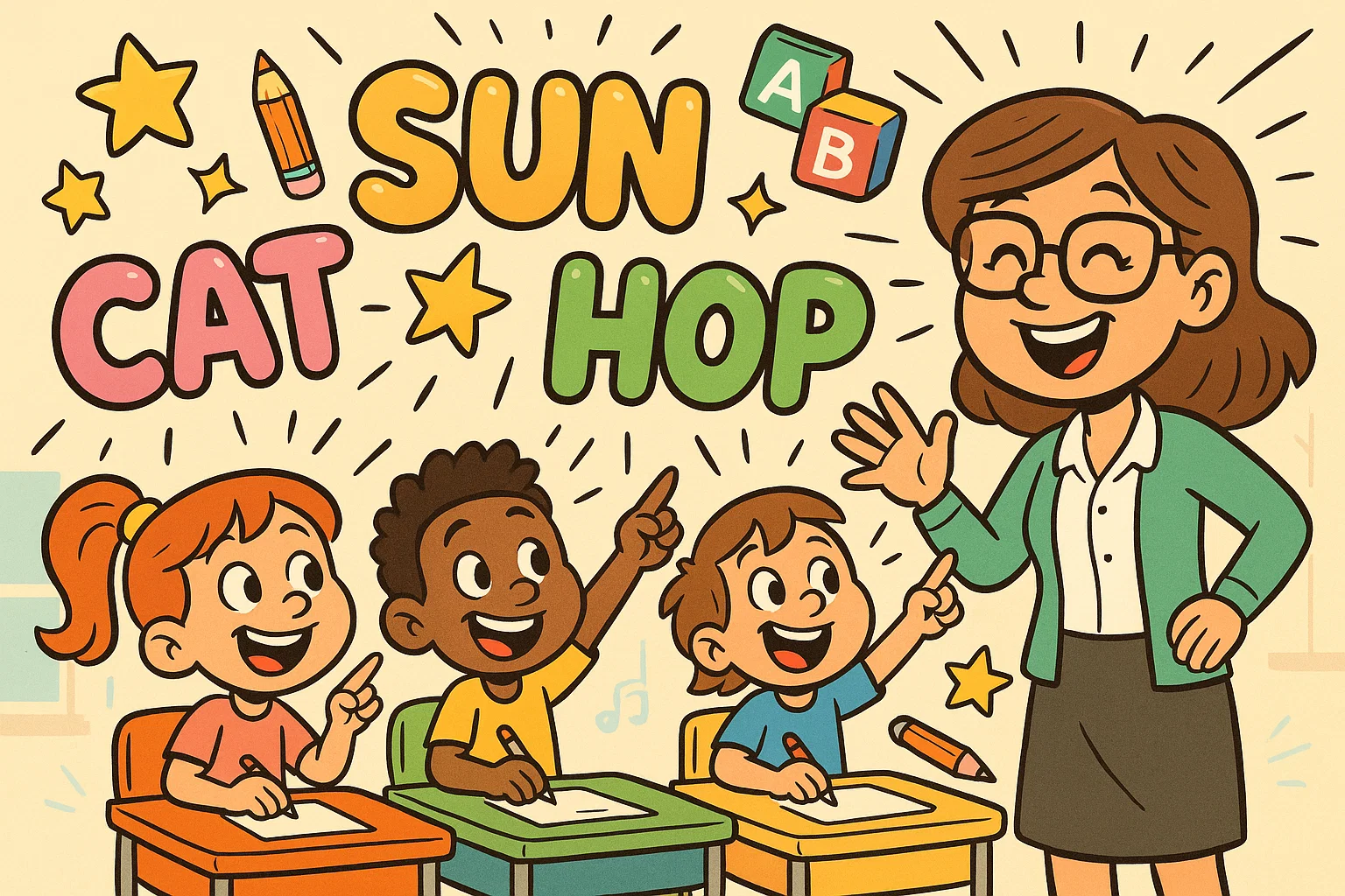 Easy spelling for kids cartoon classroom with children learning simple words.