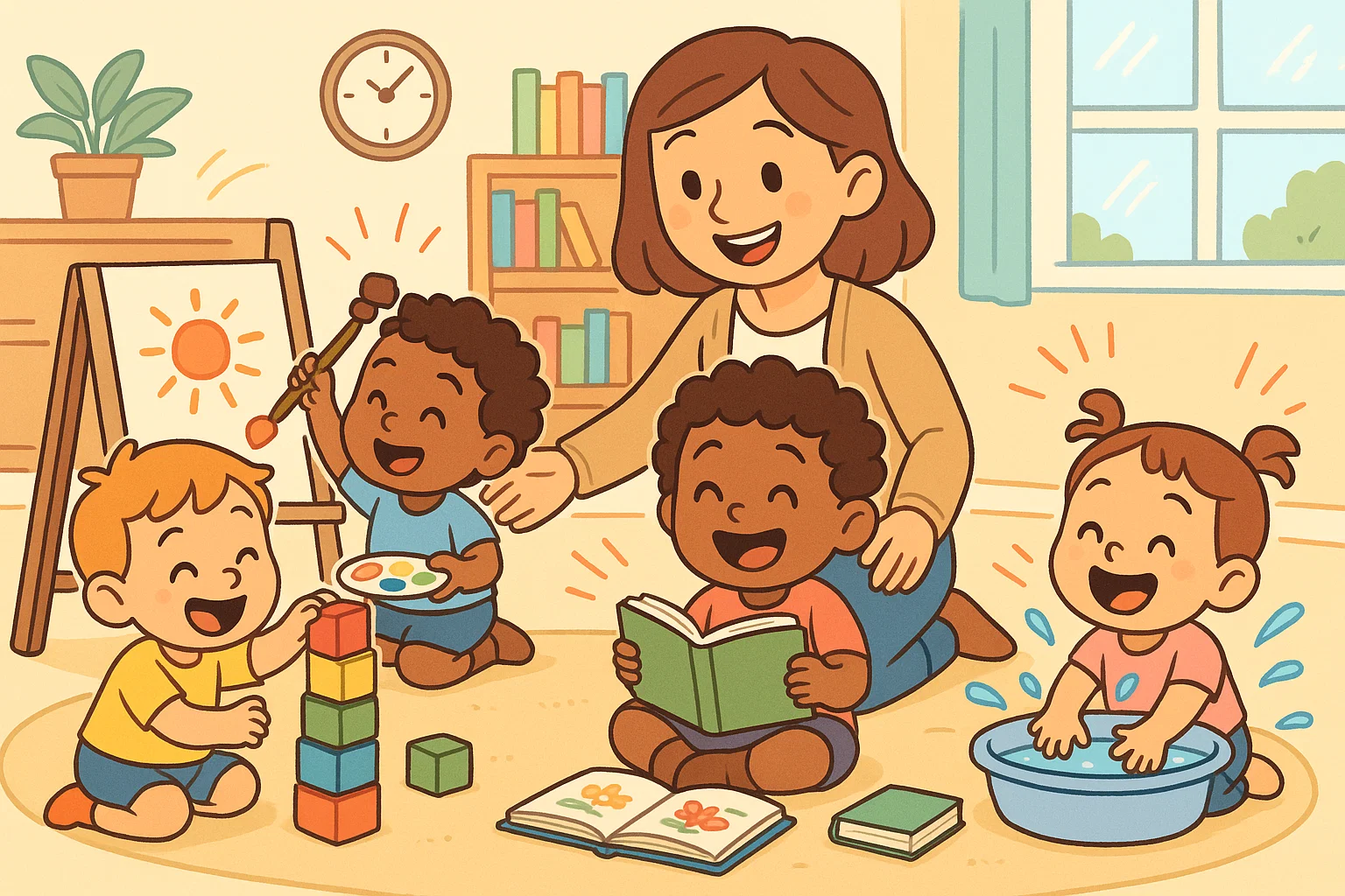 Toddlers playing and learning with toys, books and paint during educational activities.