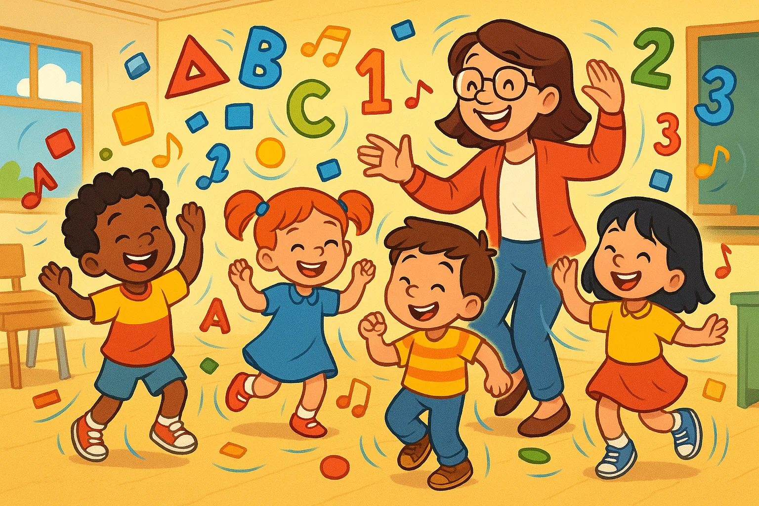 Kids dancing and learning with letters and numbers in a fun classroom.