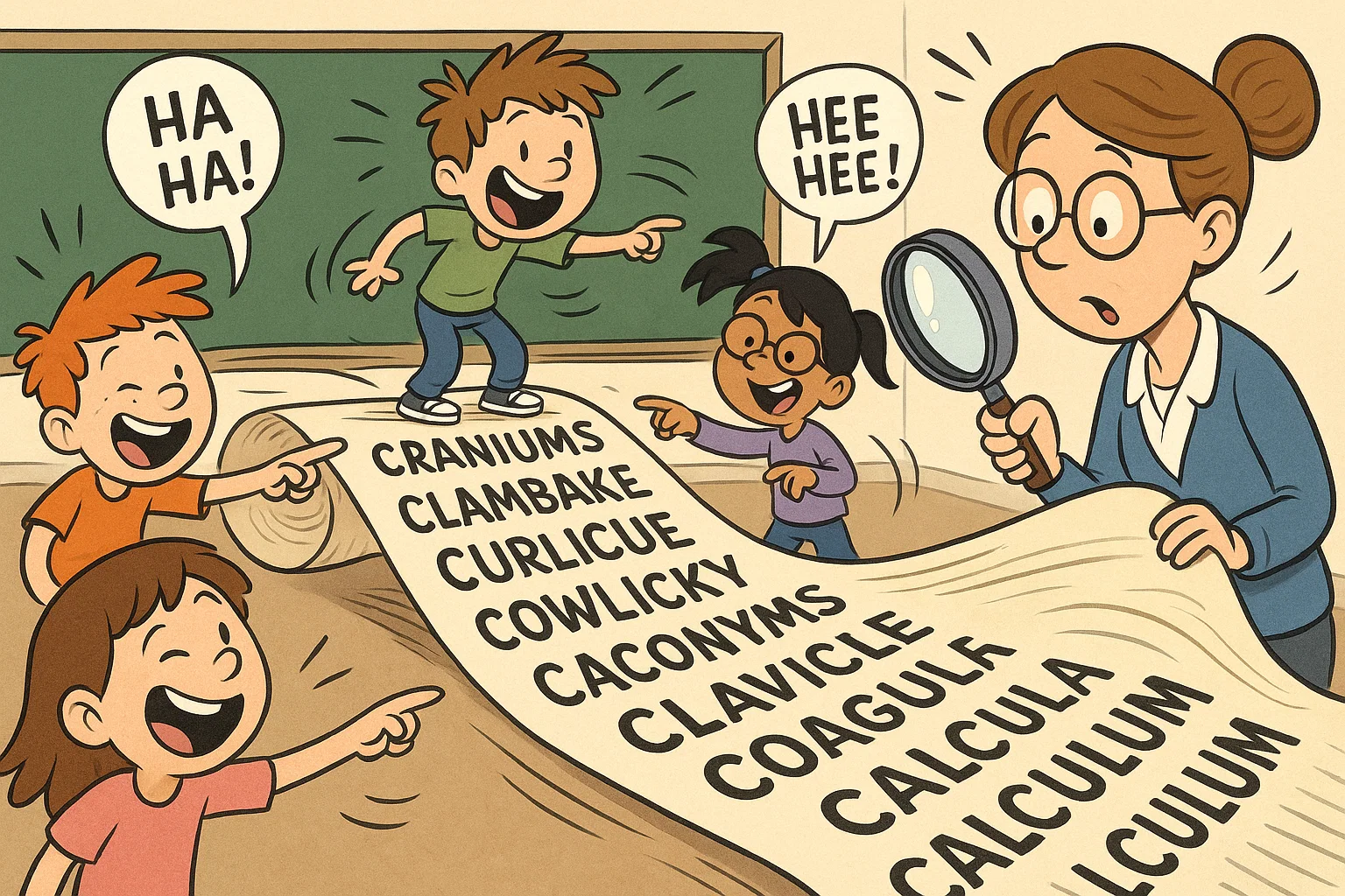 Kids unroll scroll of eight letter c words funny in a colorful classroom.