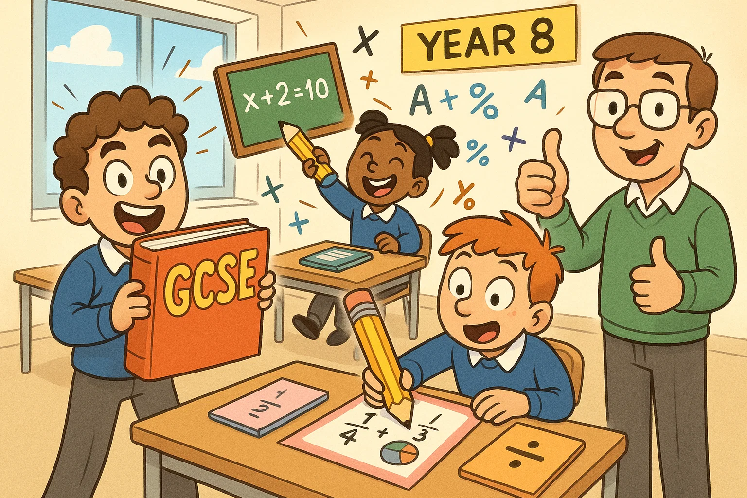 Eighth grade math gcse preparation cartoon showing students learning with lively expressions.