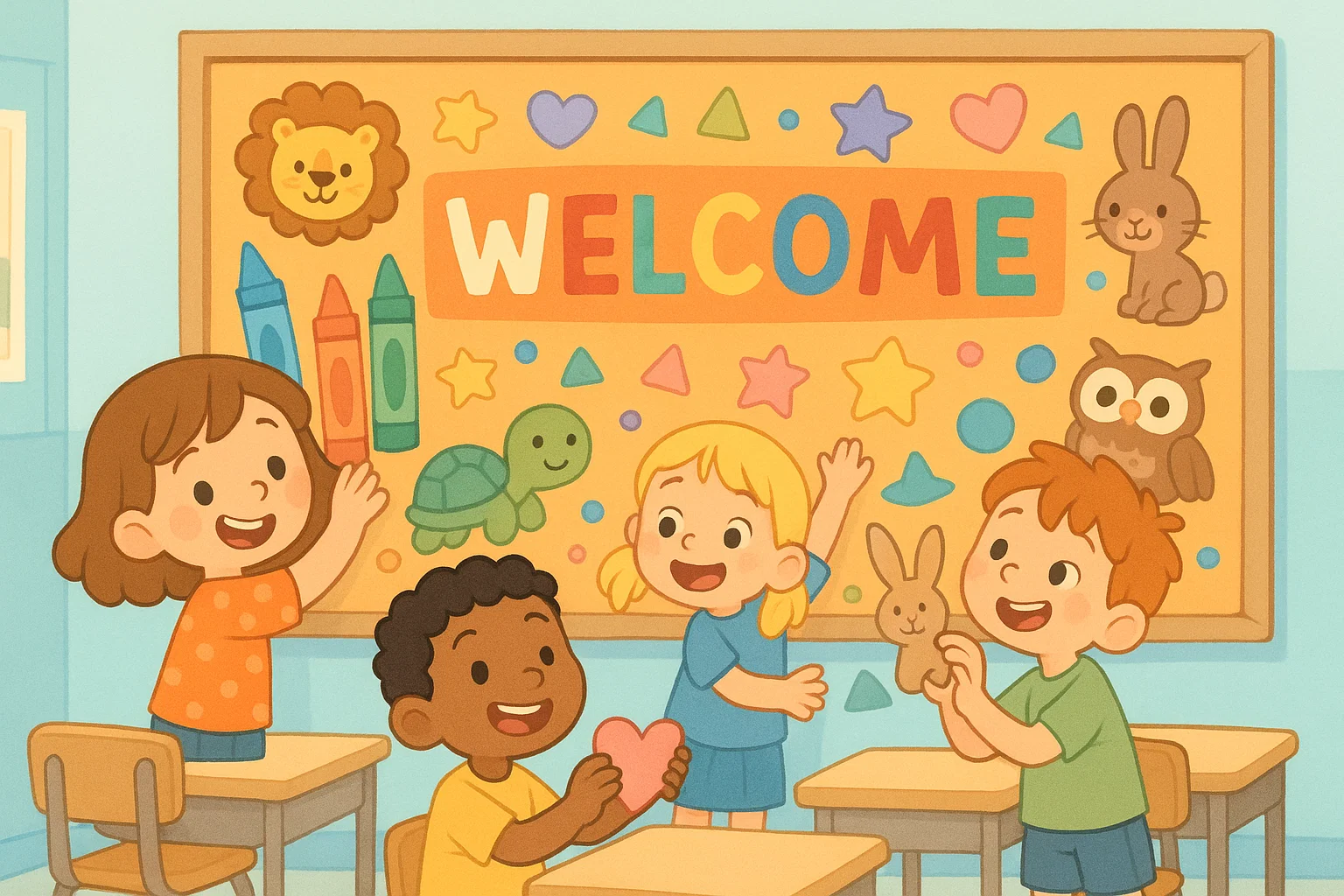 Elementary welcome board ideas in a classroom with children adding decorations.