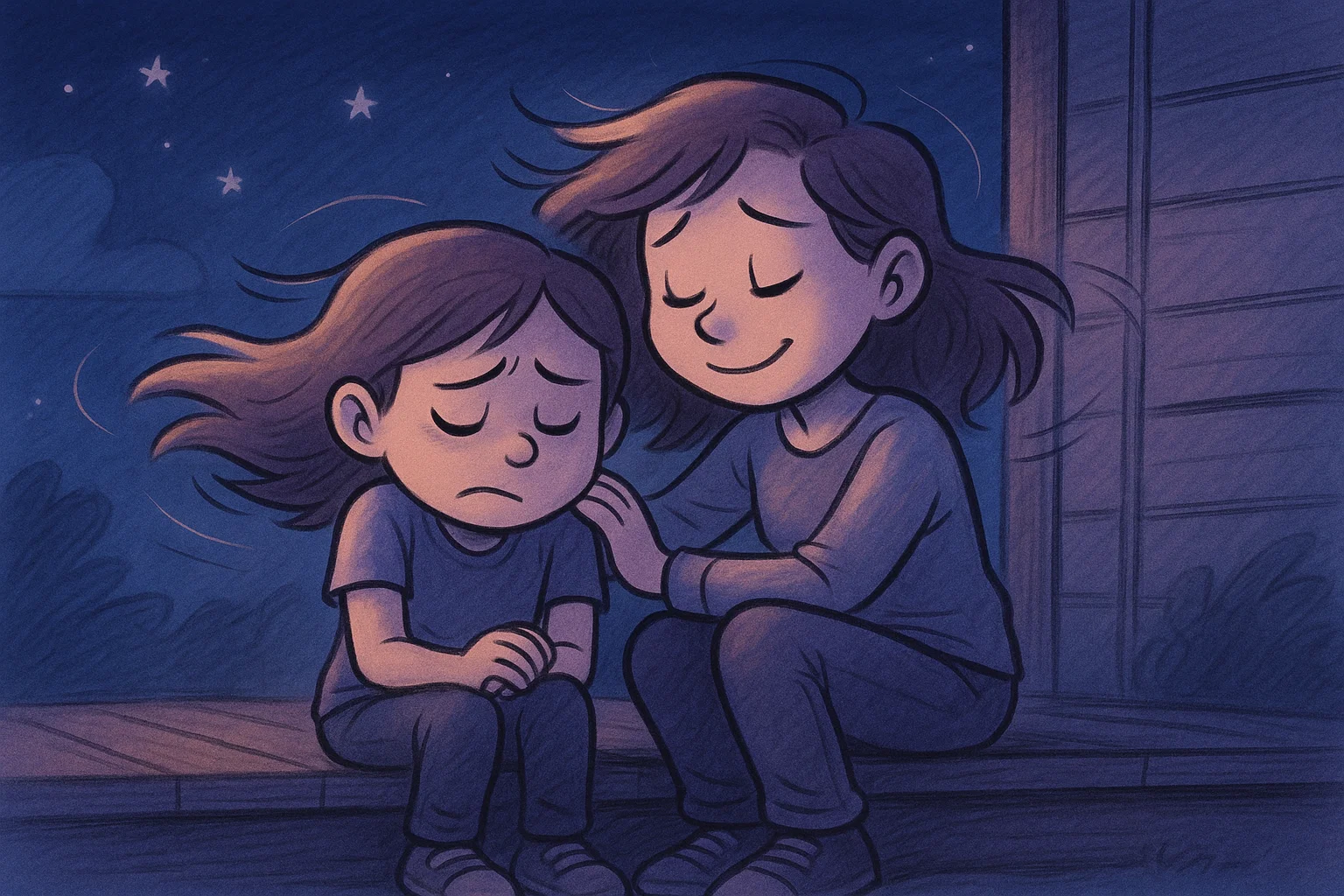 Emotional sisters sitting together in a comforting and warm cartoon scene.