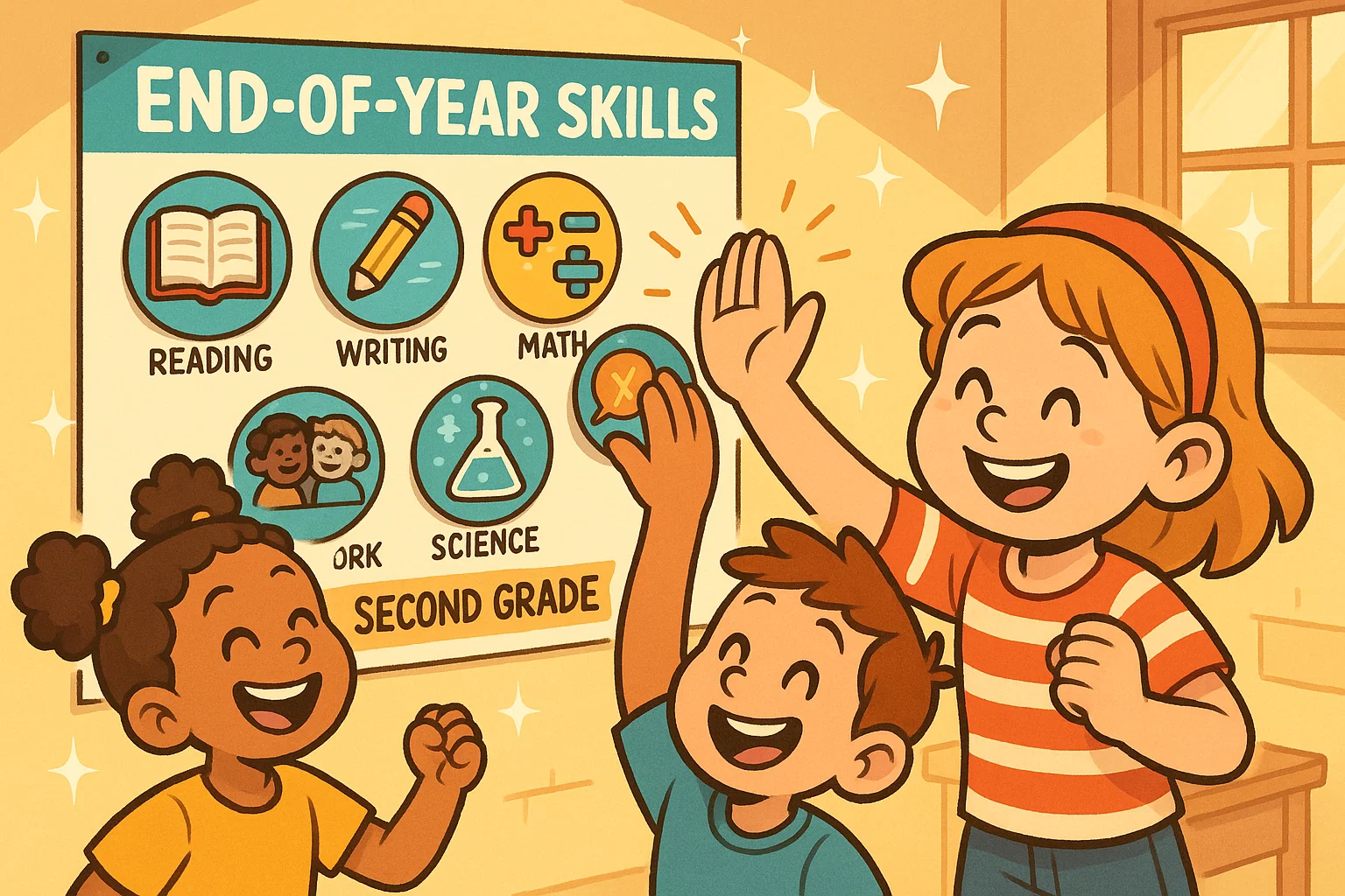 Bright end of second grade skills cartoon showing kids earning learning badges.